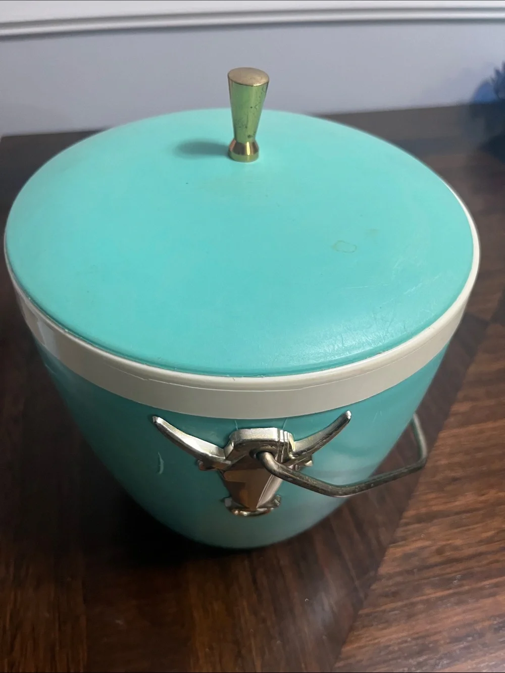 VINTAGE MCM Turquoise Ice Bucket with Gold Bull Tap and Cream Rim BAR KITCHEN